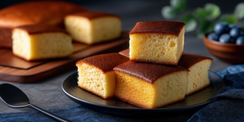 Delicious Japanese bread cake served with fresh blueberries
