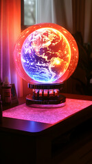 A glowing glass globe with a world map sits on a rotating base, illuminated by multicolored lights, casting reflections on the surface below