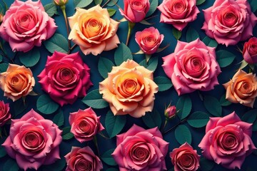 Obraz premium Intricate repeating rose pattern, lush blooms in vibrant hues, pattern, graphic, floral