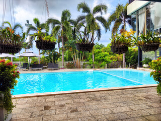 Luxury pool area surrounded by tropical plants in a serene environment on a cloudy day