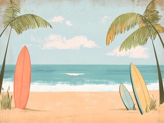 <Beachside Surfboards and Palm Trees Under a Scenic Sunset: Tropical Surf Culture in Pastel Colors>