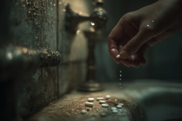 Hand dropping tablet into sink with medicine pills, water droplets reflecting light, pharmaceutical treatment, dark mood