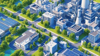 Aerial view of a modern industrial complex with green spaces and solar panels under clear skies