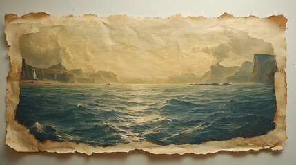 A vintage painting depicting a seascape with a distant coastline and a stormy sky