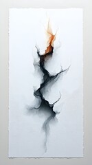 Abstract artwork featuring a central dark branching form that resembles a tree or river with warm orange hues near it