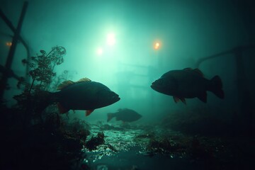 Underwater View with Three Fish Swimming Near Aquatic Plants in Murky Environment with Glowing Light