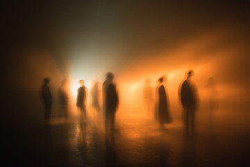 Ethereal Crowd: Blurry Figures in Illuminated Mist, Abstract Social Gathering, Unspecified Ethnicity