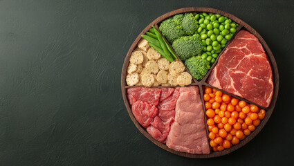 Colorful Arrangement of Fresh Vegetables and Meats in Wooden Plate for Culinary Arts