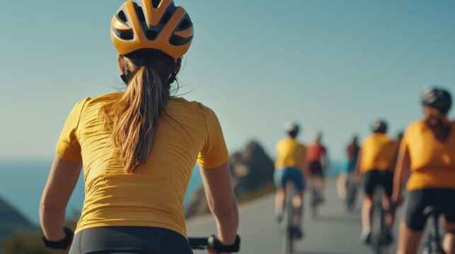 Diverse Group of Cyclists Enjoying Scenic Ride Along Coastal Path