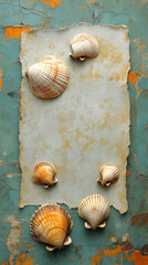 A weathered paper sheet on a blue and orange background with seashells scattered around it