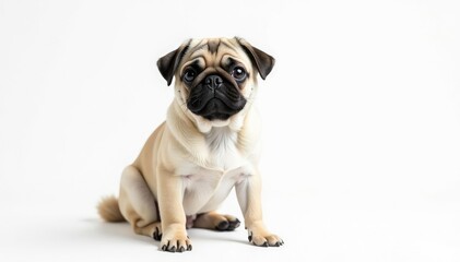 Fototapeta premium Adorable pug dog sitting, isolated on white background, breed, sitting