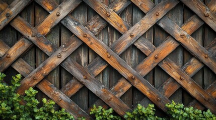 Ornate wooden lattice with a border of greenery.