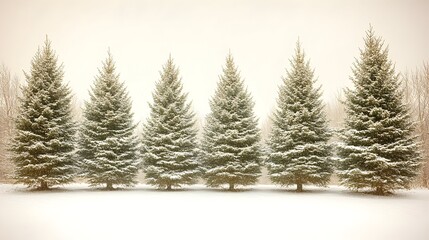 Obraz premium Five snow-covered evergreen trees in a row on a snowy landscape