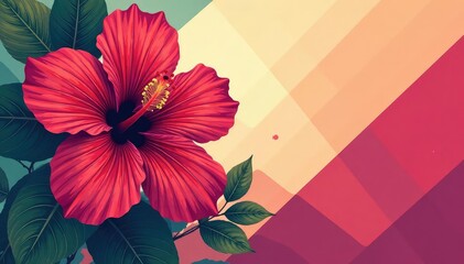 Obraz premium Bold hibiscus silhouette, stylized leaves, geometric background, sharp, floral