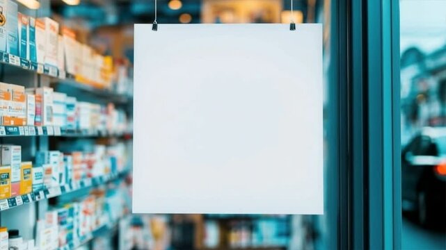 A blank sign in front of a pharmacy, showcasing rows of colorful medicine boxes in the background.