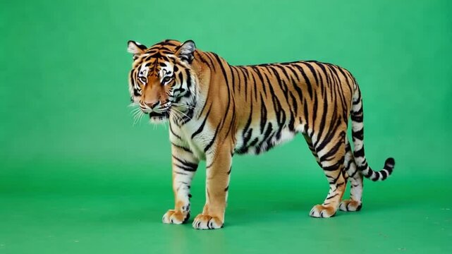 A full body shot of a tiger standing on a green background in a studio setting looking left green screen video