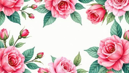 Naklejka premium Delicate watercolor roses & leaves, repeating seamlessly , illustration, plant
