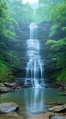 Majestic waterfall cascading down rocky cliffs into a serene pool, surrounded by lush green forest