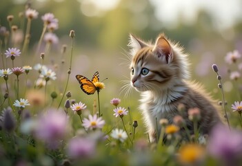 Obraz premium Kitten in a Flower Meadow: A Whimsical Springtime Scene