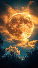 Obraz premium A vibrant, large orange moon hangs in a dramatic twilight sky. Silhouette trees frame the bottom of the image
