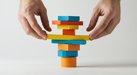 Balancing Act: Colorful Blocks and Steady Hands. A Visual Metaphor for Skill, Precision, and Careful Planning in Achieving Success.