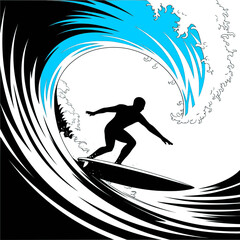 Fototapeta premium Silhouette Surfer Riding Big Wave – Dynamic Surfing Vector Illustration with Splash and Motion Lines