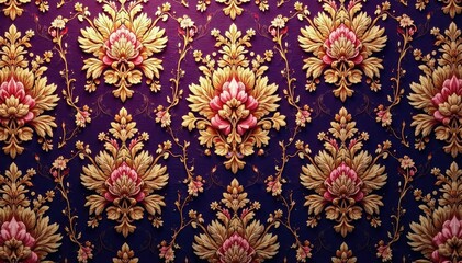 Intricate floral damask pattern on luxurious fabric, textile, background, blue