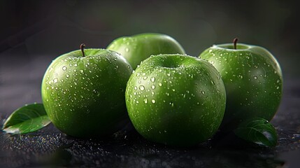 Macro image, four green fresh apples in water drops on black defocused background. Best stock image of fruits. Studio photo.
