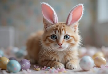 Adorable Ginger Kitten with Bunny Ears Amidst Pastel Easter Eggs