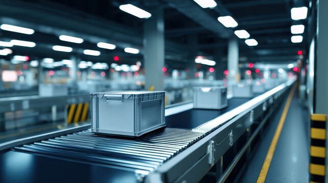Automated conveyor system transporting crates in a busy warehouse with industrial lighting
