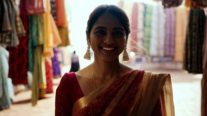 The camera slowly zooms in as a 25-year-old indian woman in a sari walks confidently, facing the camera, through a bustling textile bazaar - Powered by Adobe