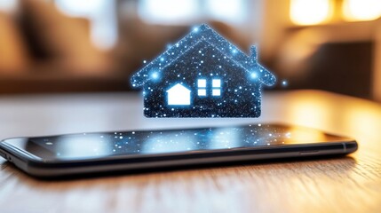 Close-up shot of sleek mobile device with illuminated house icon on data-rich dashboard