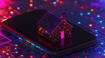 Digital house icon on sleek black phone with real estate analytics and bright indicators