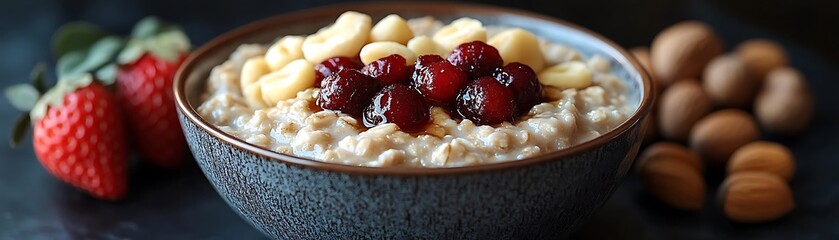 Delicious oatmeal topped with fresh fruit and nuts.
