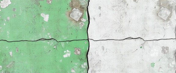 Obraz premium Weathered concrete backdrop, split horizontally by rough green & white stucco, peeling paint, distressed, backdrop