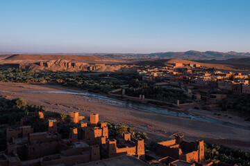 Aït Benhaddou, Morocco: view from ancient clay village in Ourzazate. 11th century Moroccan architecture. UNESCO World Heritage Site.
