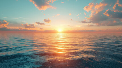 Summer horizon bliss with soft golden rays stretching across placid waters at dawn, where gentle iridescence meets the untouched calm of early morning seascapes background jpg