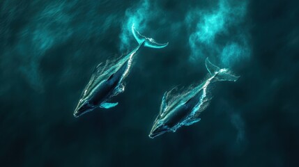 Naklejka premium Giant sprays of water shoot from surfacing whales across the vast deep blue sea