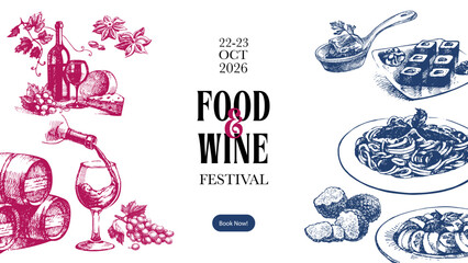Hand drawn vintage poster with wine, cheese, sushi, pasta, truffles. Food festival, tasting event, culinary promotion concept. Sketch vector illustration