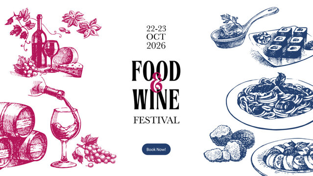 Hand drawn vintage poster with wine, cheese, sushi, pasta, truffles. Food festival, tasting event, culinary promotion concept. Sketch vector illustration