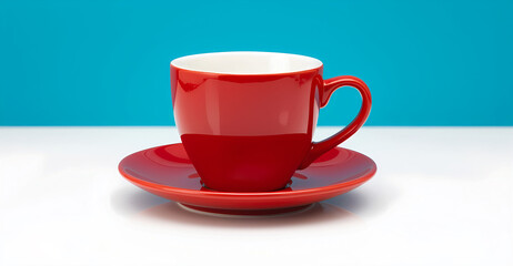 Obraz premium Primo piano di classica tazza da colazione in uno sgargiante color rosso su sfondo bianco e ceruleo