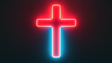 Obraz premium A neon cross with red and blue lights