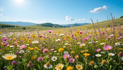 Fototapeta premium A blooming field of wildflowers under a bright blue sky with gentle hills in the background 