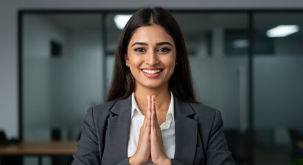 Smiling businesswoman in formal suit greeting with traditional namaste gesture in modern office setting. Positive expression, cultural respect, and professional attitude.