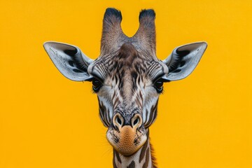 Obraz premium Close-up portrait of a giraffe facing the camera against a vibrant yellow background