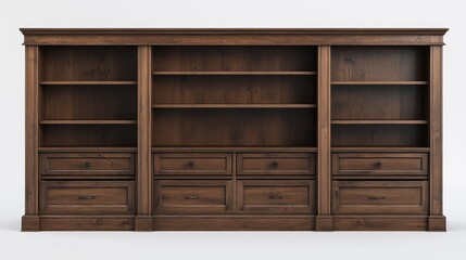 Modular wardrobe with stylish open display shelves and concealed drawers, set on muted taupe backdrop