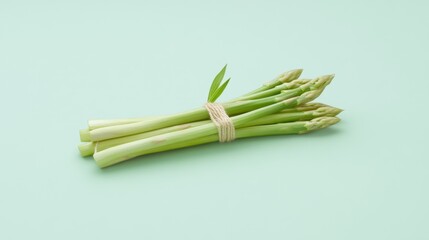 Neatly arranged asparagus tied with string, placed on soft mint-green background