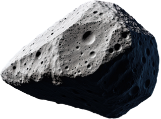 A textured gray asteroid with craters floats against a black backdrop creating visual depth.