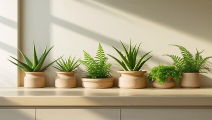 A serene and eco-conscious kitchen, bathed in warm natural light pouring in through the large window, features a sleek, light-toned wooden countertop adorned with a few thoughtfully arranged, earthy-t