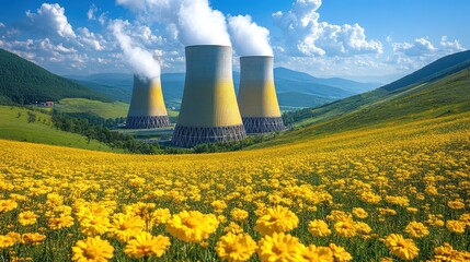 Power plant in a field of yellow flowers